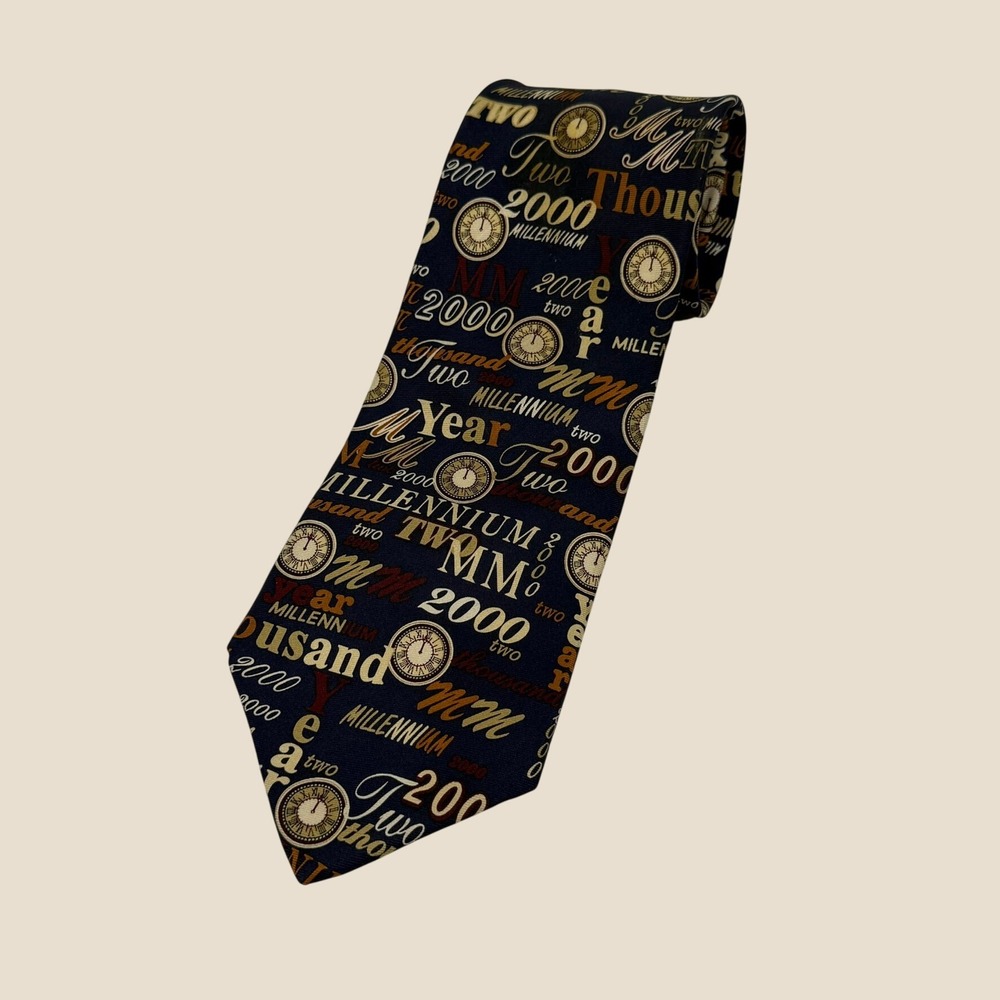 Alynn Neckwear Mens Silk Tie Navy Blue Millennium Year 2000 Clock Print USA Made
